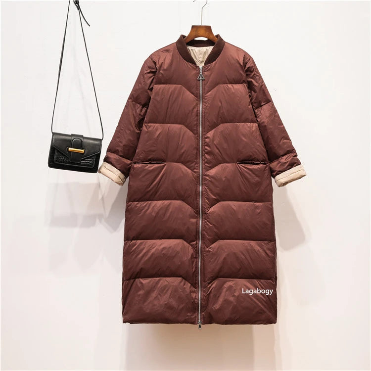 Lagabogy 2025 Thick Warm Long Down Parka WInter Women 90% White Duck Down Jacket Loose Windproof Zipper Coat Female Snow Outwear