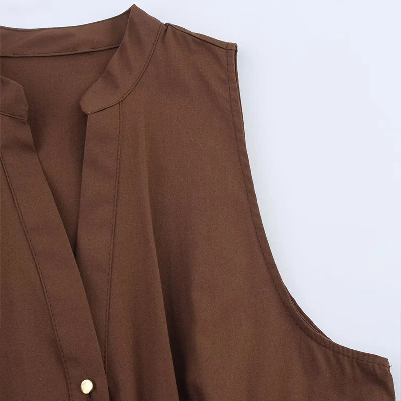 ZATRHMBM Summer Women's Wear 2025 New Fashion Midi Dress with Belt Retro Button Decoration Sleeveless Solid Color Dress