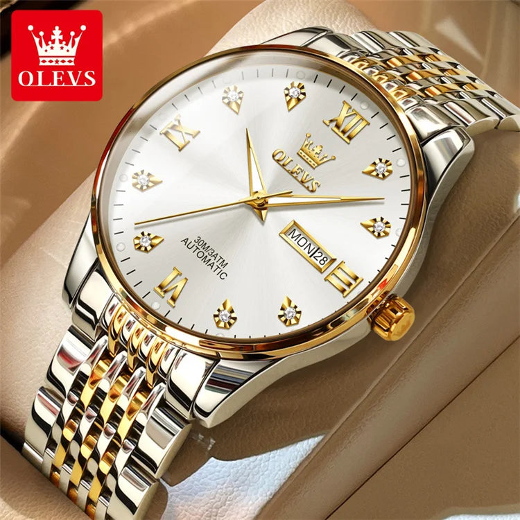 OLEVS 6673 Lovers Automatic Watch Pair Watches for Couples Bracelet Luminous Calendar Mechanical Wristwatch Women
