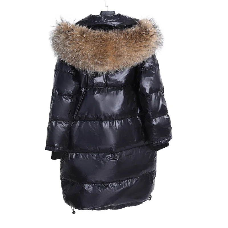 Maomaokong 2022 Women Winter Black Loose Long Down Jacket  Real Fox Fur Collar Hooded Fashion Waterproof Female Extra Large Coat