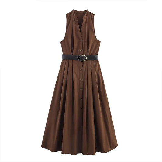 ZATRHMBM Summer Women's Wear 2025 New Fashion Midi Dress with Belt Retro Button Decoration Sleeveless Solid Color Dress