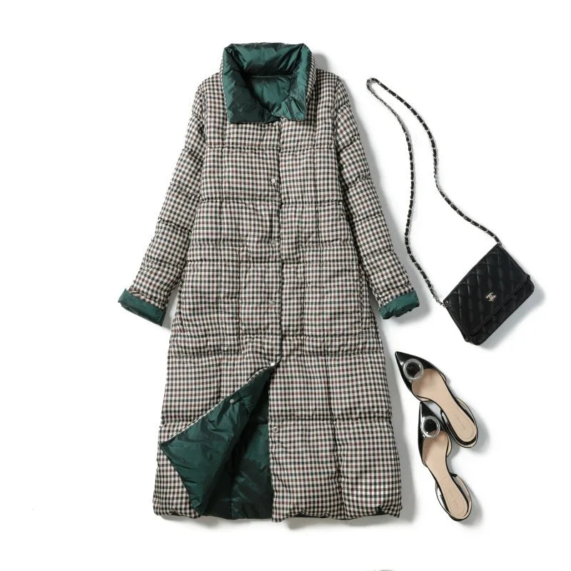 Duck Down Jacket Women Winter Long Thick Double Sided Plaid Coat Female Warm Down Parka For Women Slim Clothes 2024