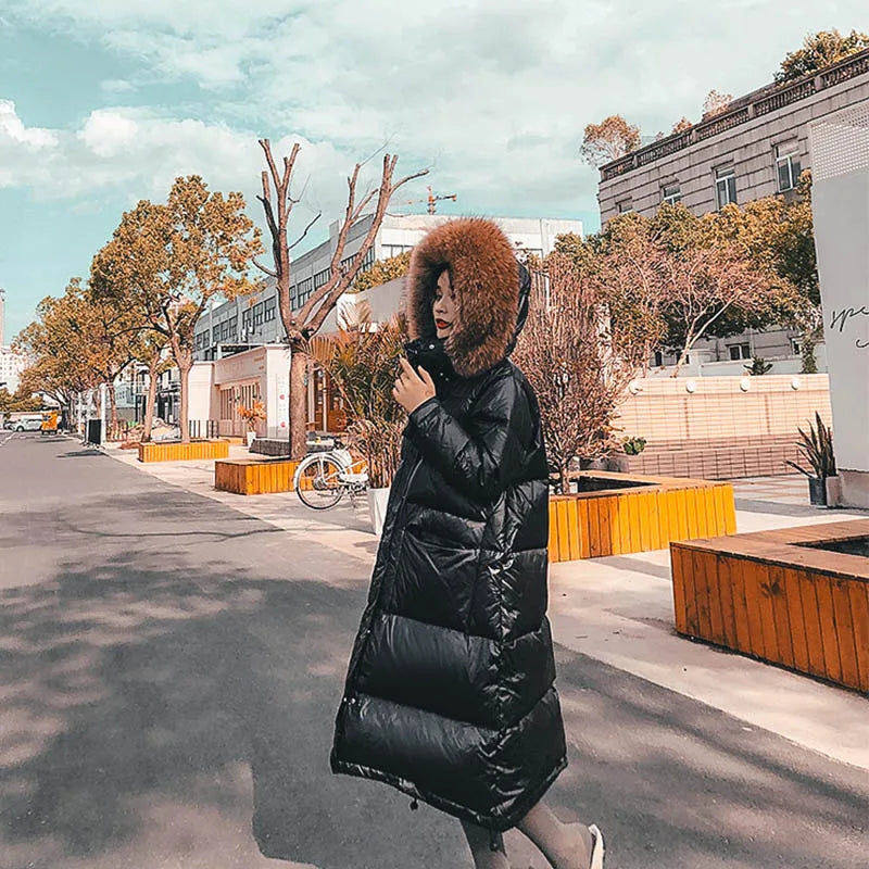 Maomaokong 2022 Women Winter Black Loose Long Down Jacket  Real Fox Fur Collar Hooded Fashion Waterproof Female Extra Large Coat