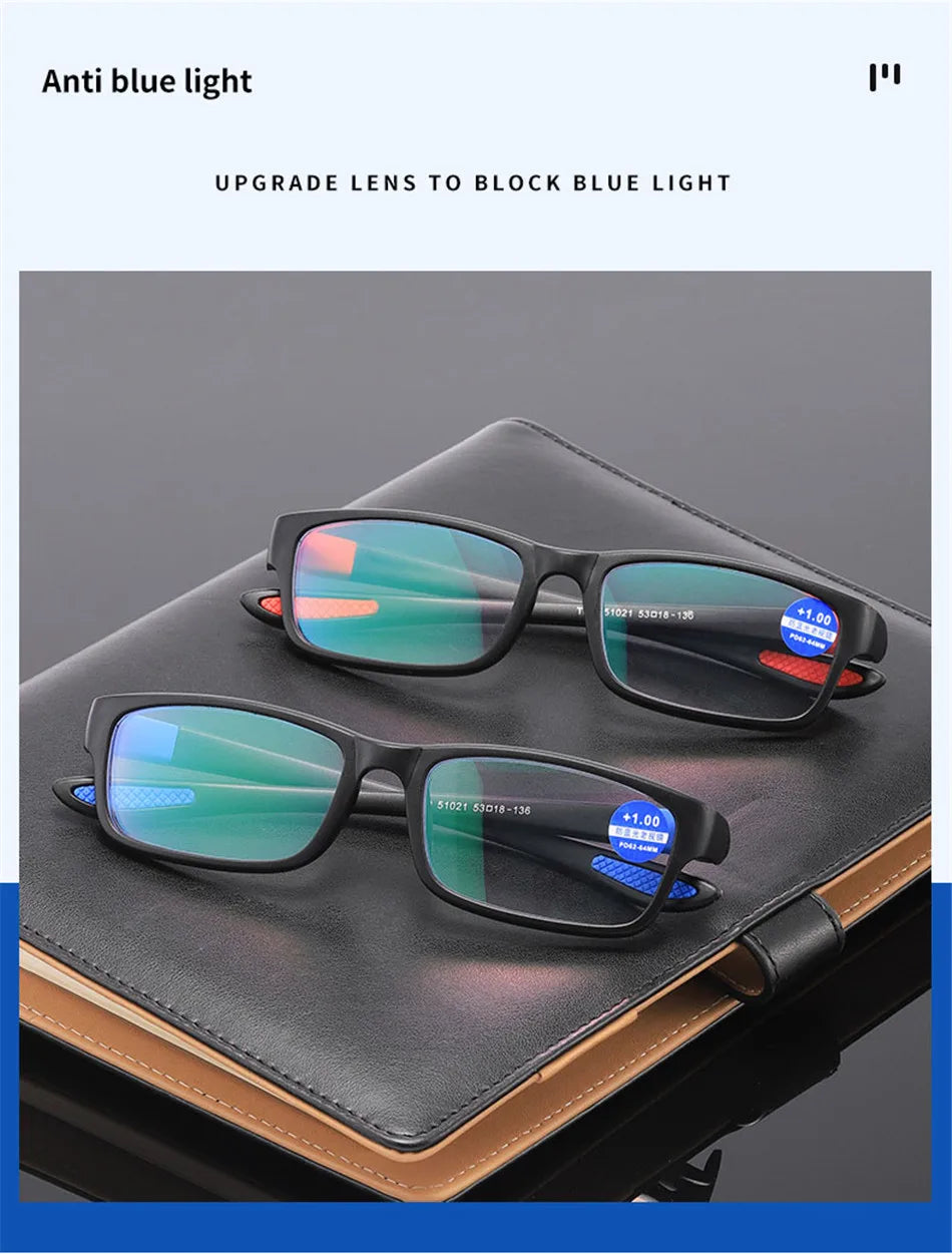 Reading Glasses For Men Women Sports Anti-blue Light Reading Eyewear Black Red TR90 Frame Presbyopia Eyeglasses +100 to+400