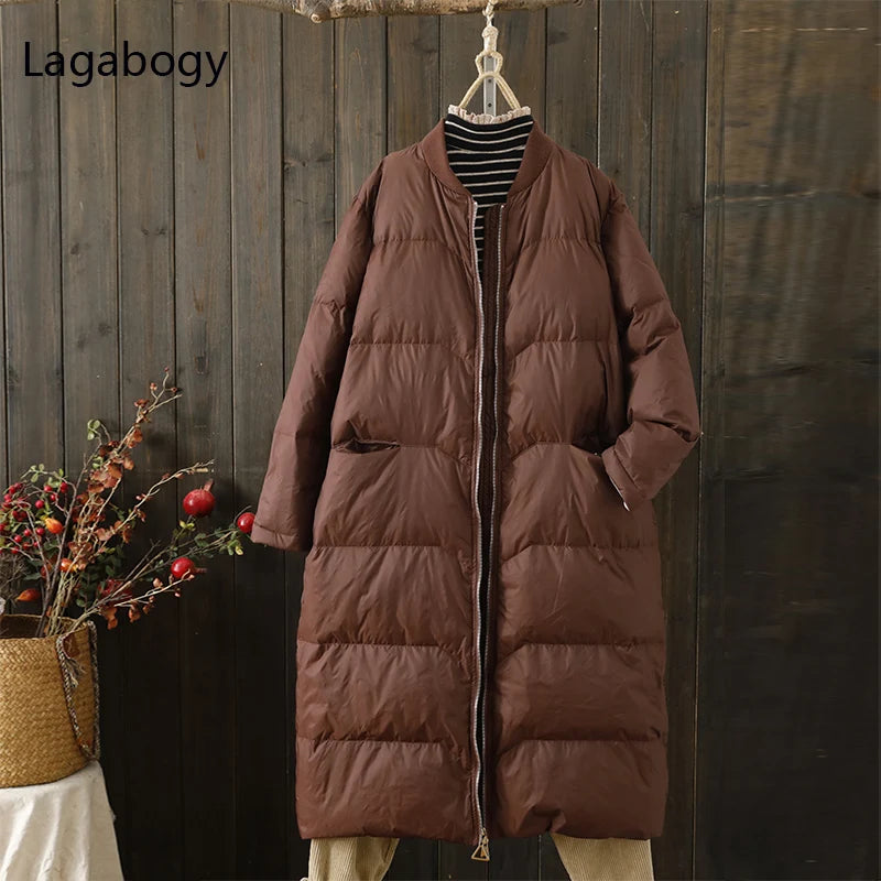 Lagabogy 2025 Thick Warm Long Down Parka WInter Women 90% White Duck Down Jacket Loose Windproof Zipper Coat Female Snow Outwear
