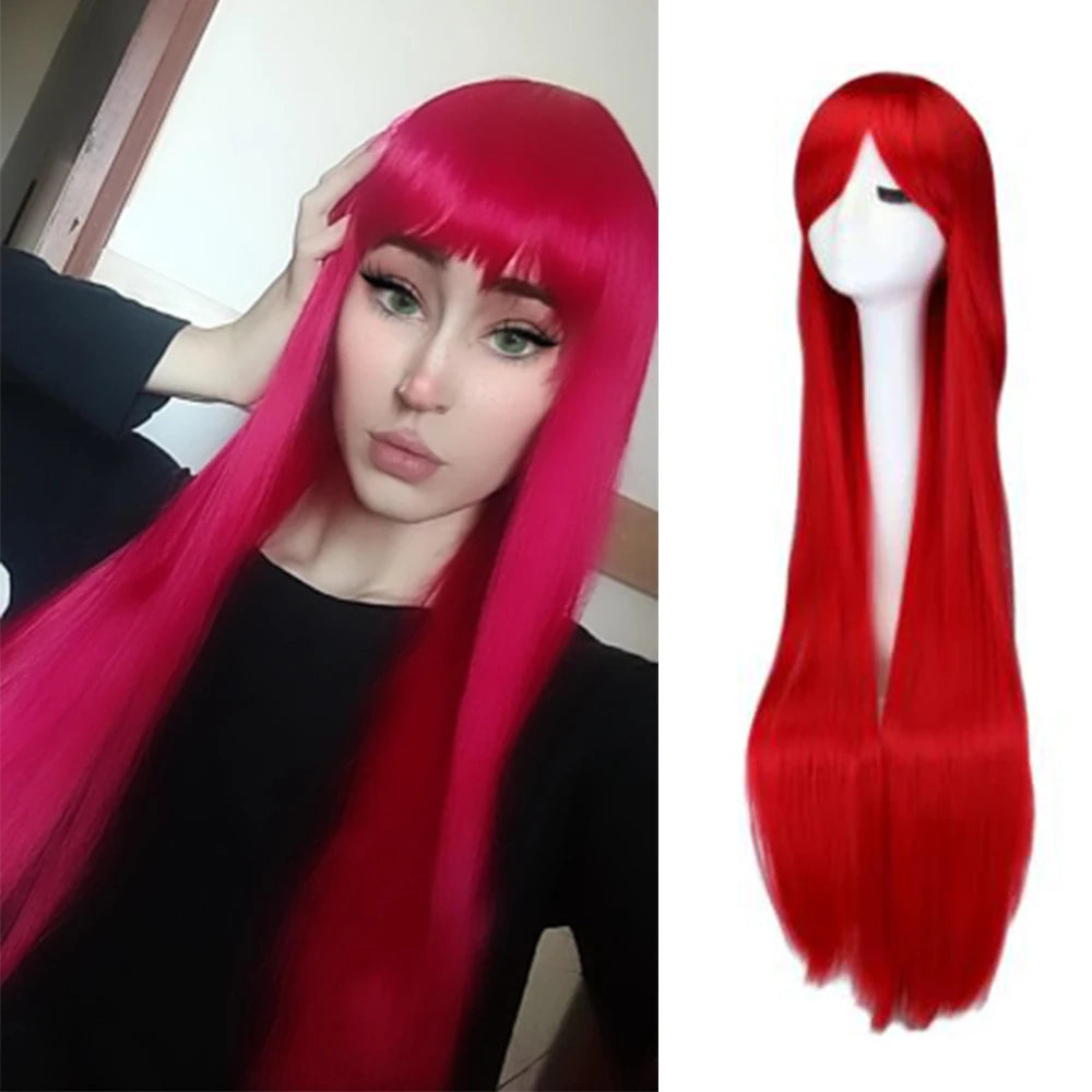 Long Straight Cosplay Wig Black Purple Black Red Pink Blue Dark Brown 100 Cm Synthetic Hair Wigs