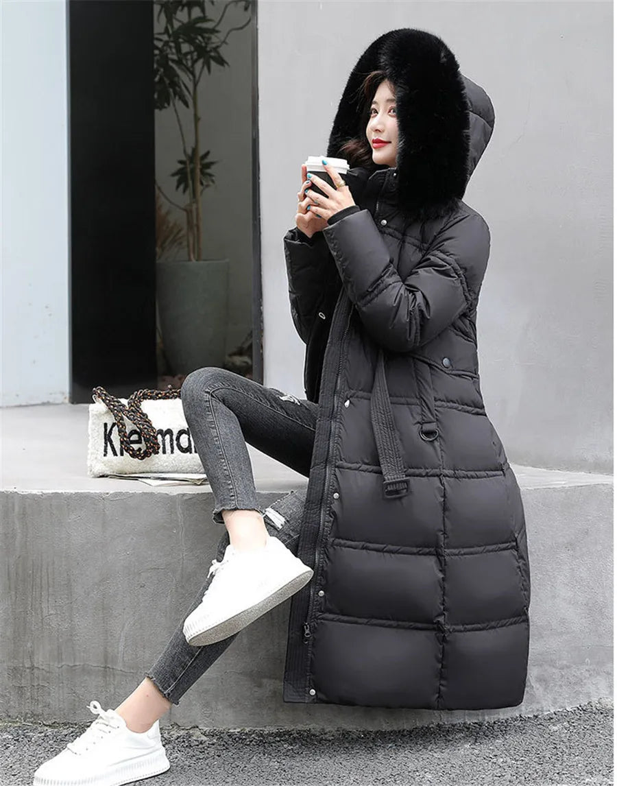 90% White Duck Down Thick Warmth Elegant Hooded Fur Collar Large Size Loose Female Coat 2025 New Women Winter Down Jacket OK1156