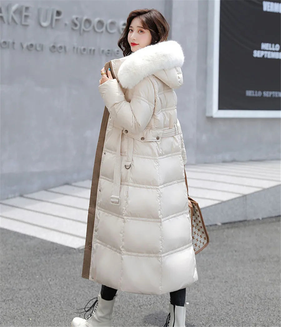 90% White Duck Down Thick Warmth Elegant Hooded Fur Collar Large Size Loose Female Coat 2025 New Women Winter Down Jacket OK1156