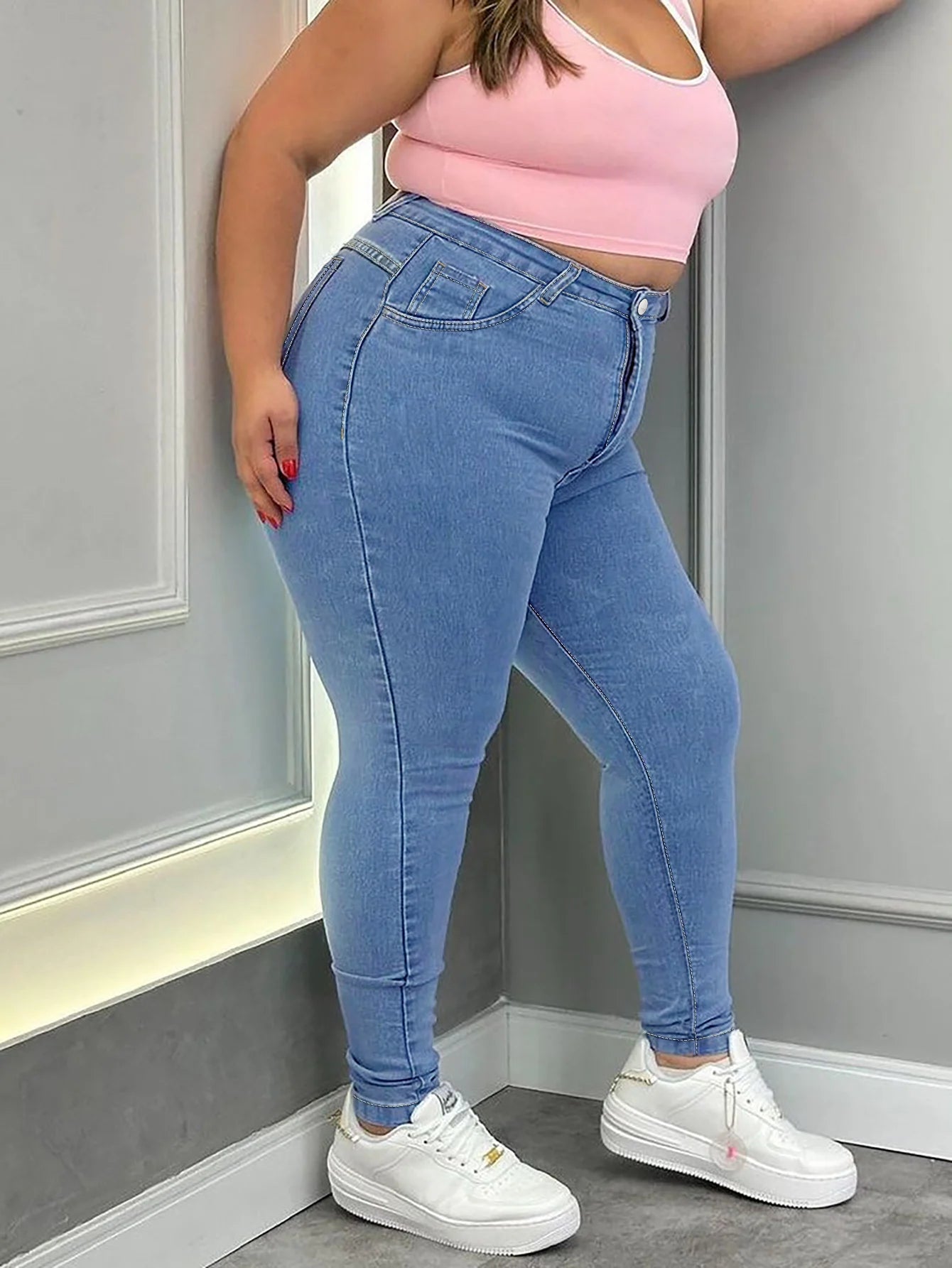 Women's Plus Size High Stretch Blue Pencil Jeans High Waist Straight Full Length Washed Denim Pants Skinny Fit for Mom Daughter