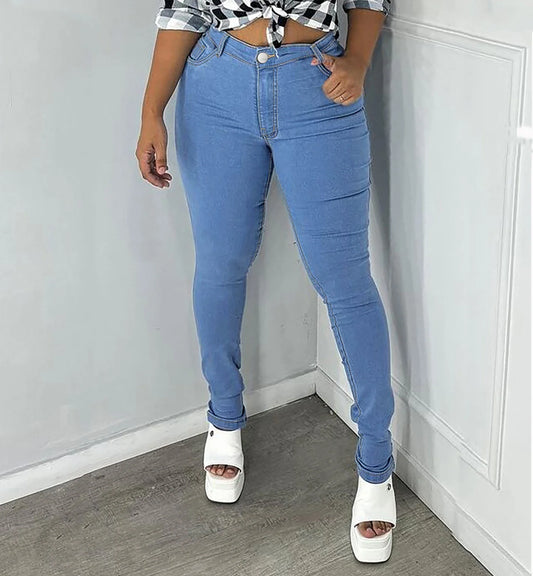 Women's Plus Size High Stretch Blue Pencil Jeans High Waist Straight Full Length Washed Denim Pants Skinny Fit for Mom Daughter