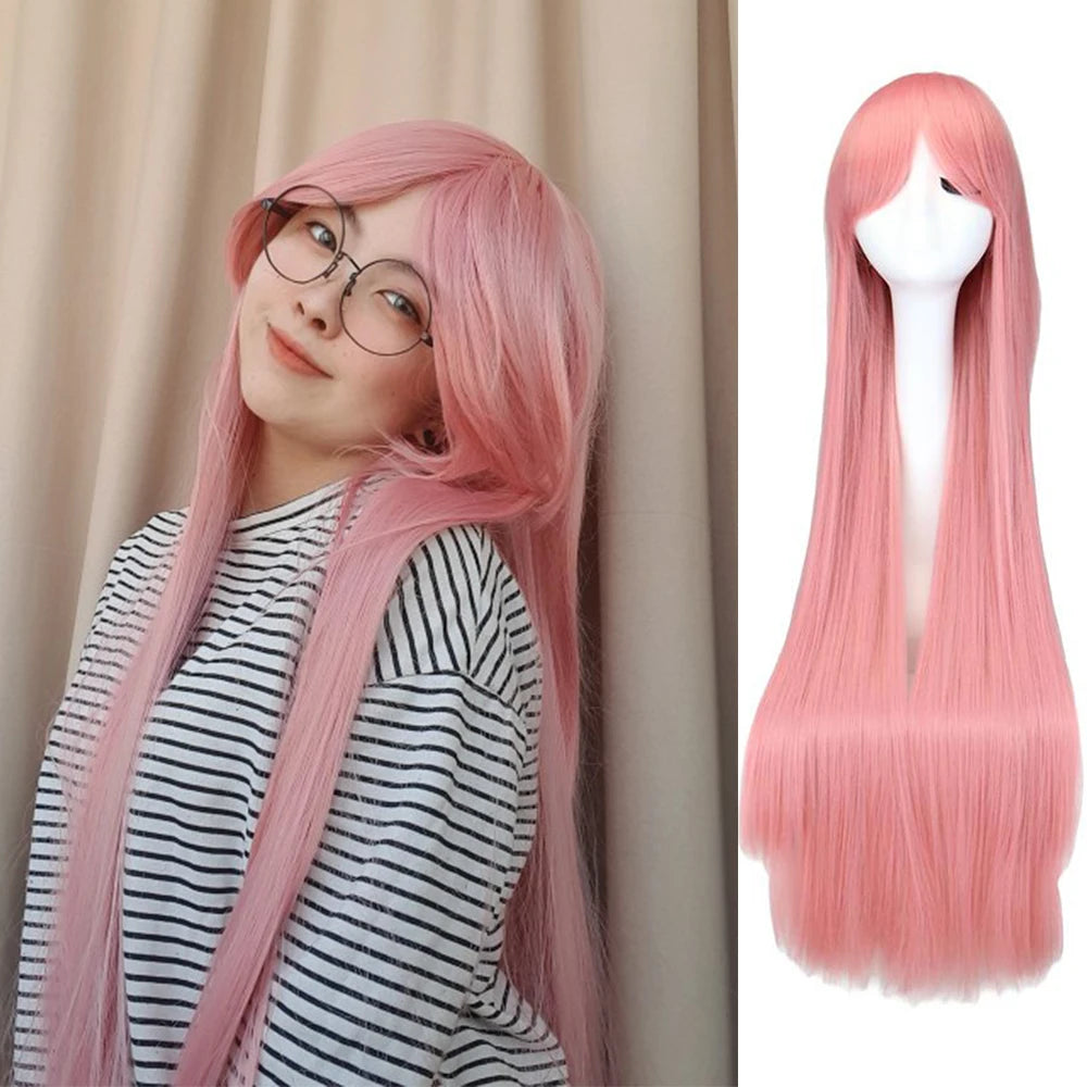 Long Straight Cosplay Wig Black Purple Black Red Pink Blue Dark Brown 100 Cm Synthetic Hair Wigs