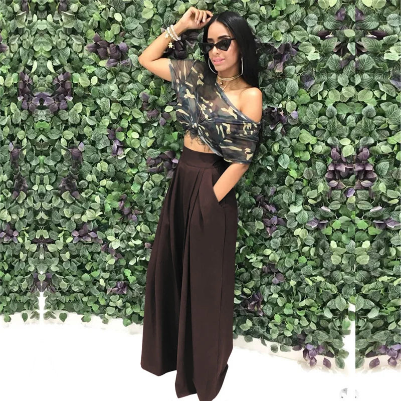 Women Casual Loose Palazzo Pants Autumn High Waisted Wide Leg Trousers Pleated Long Culottes Pants Elastic Waist Trouser Pockets