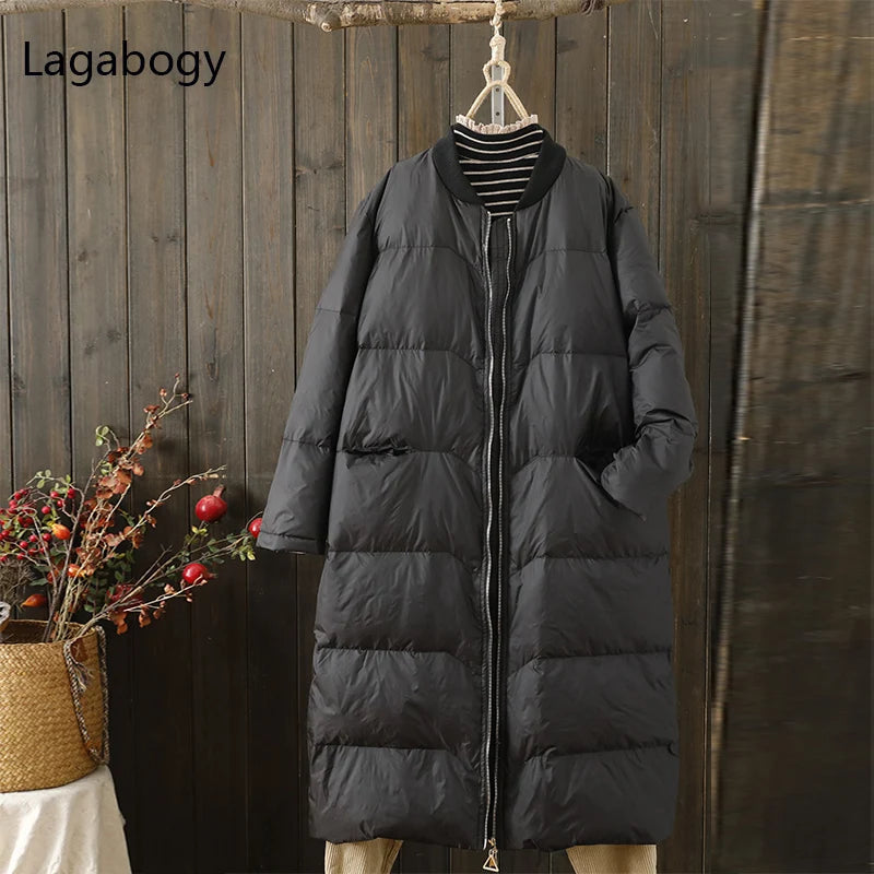 Lagabogy 2025 Thick Warm Long Down Parka WInter Women 90% White Duck Down Jacket Loose Windproof Zipper Coat Female Snow Outwear