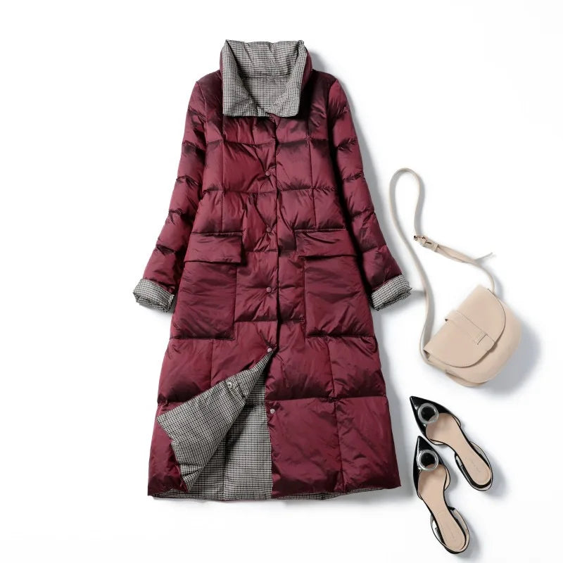 Duck Down Jacket Women Winter Long Thick Double Sided Plaid Coat Female Warm Down Parka For Women Slim Clothes 2024