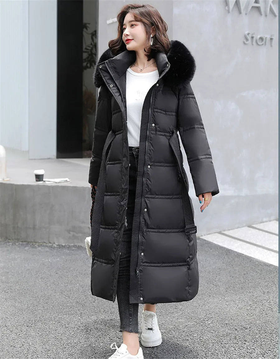 90% White Duck Down Thick Warmth Elegant Hooded Fur Collar Large Size Loose Female Coat 2025 New Women Winter Down Jacket OK1156