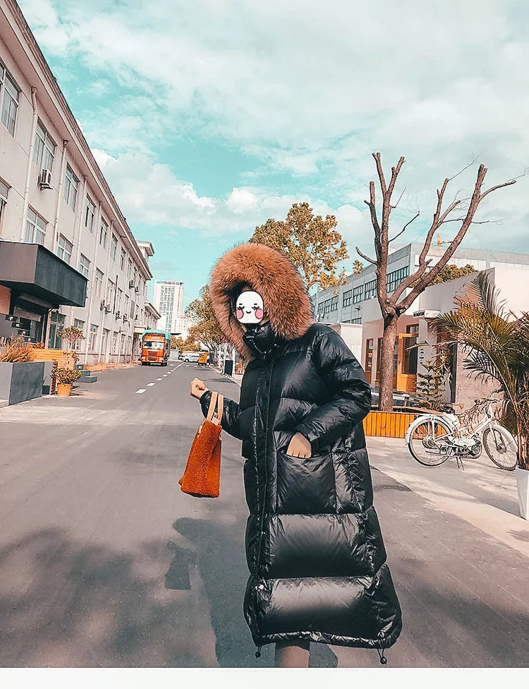Maomaokong 2022 Women Winter Black Loose Long Down Jacket  Real Fox Fur Collar Hooded Fashion Waterproof Female Extra Large Coat