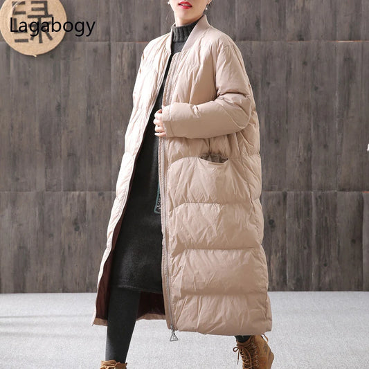 Lagabogy 2025 Thick Warm Long Down Parka WInter Women 90% White Duck Down Jacket Loose Windproof Zipper Coat Female Snow Outwear