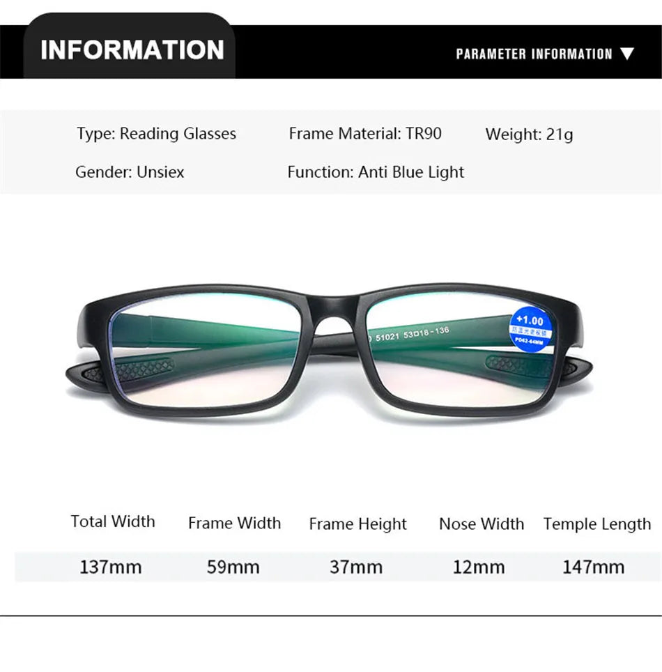 Reading Glasses For Men Women Sports Anti-blue Light Reading Eyewear Black Red TR90 Frame Presbyopia Eyeglasses +100 to+400