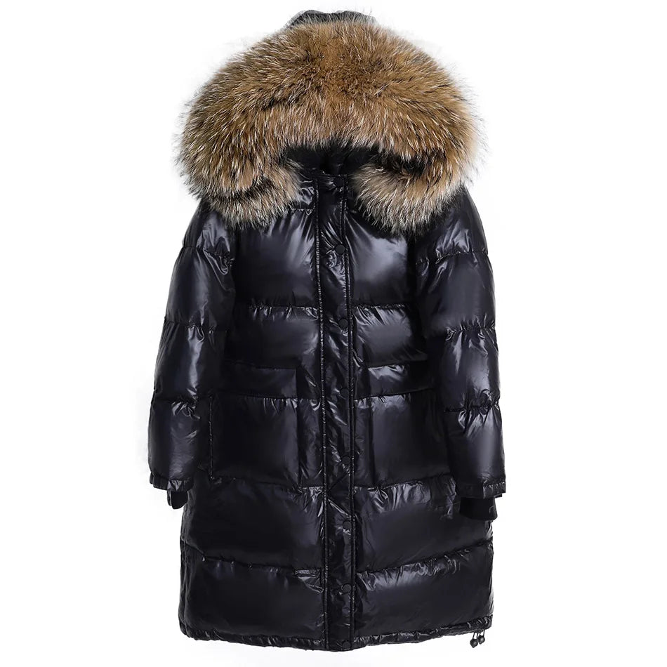 Maomaokong 2022 Women Winter Black Loose Long Down Jacket  Real Fox Fur Collar Hooded Fashion Waterproof Female Extra Large Coat