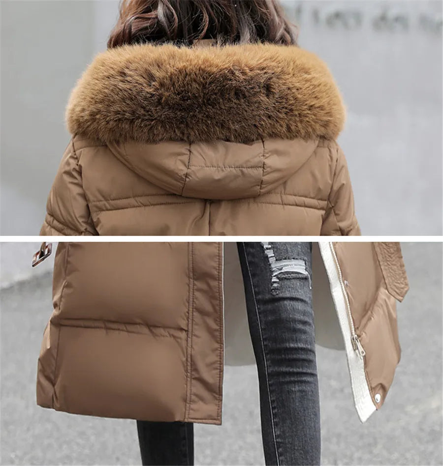90% White Duck Down Thick Warmth Elegant Hooded Fur Collar Large Size Loose Female Coat 2025 New Women Winter Down Jacket OK1156