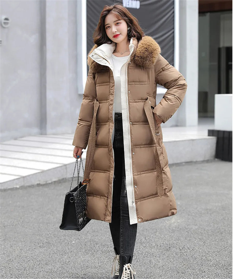 90% White Duck Down Thick Warmth Elegant Hooded Fur Collar Large Size Loose Female Coat 2025 New Women Winter Down Jacket OK1156