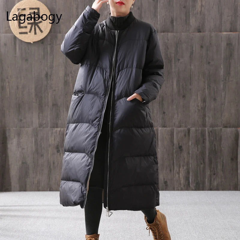 Lagabogy 2025 Thick Warm Long Down Parka WInter Women 90% White Duck Down Jacket Loose Windproof Zipper Coat Female Snow Outwear