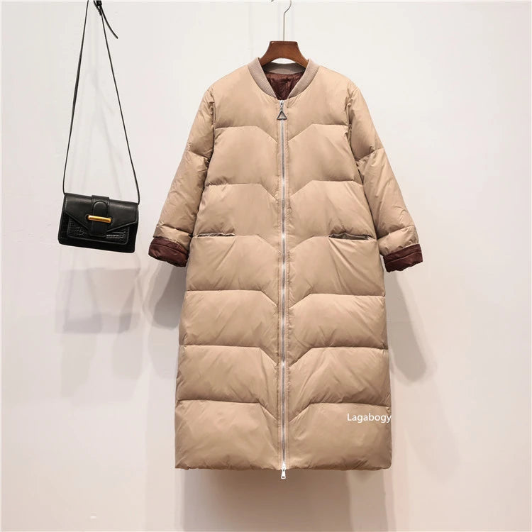 Lagabogy 2025 Thick Warm Long Down Parka WInter Women 90% White Duck Down Jacket Loose Windproof Zipper Coat Female Snow Outwear