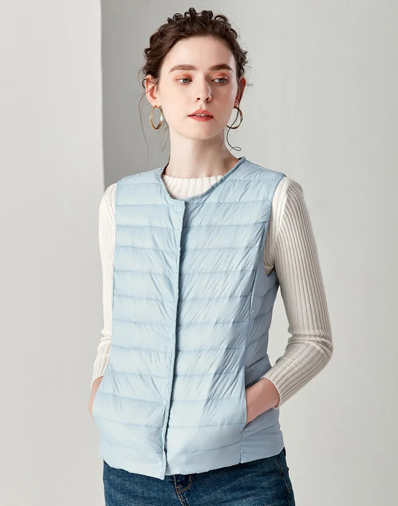 New Causal Women White Duck Down Vest Ultra Light Vest Jacket Winter Weightless Round Collar Sleeveless Coat