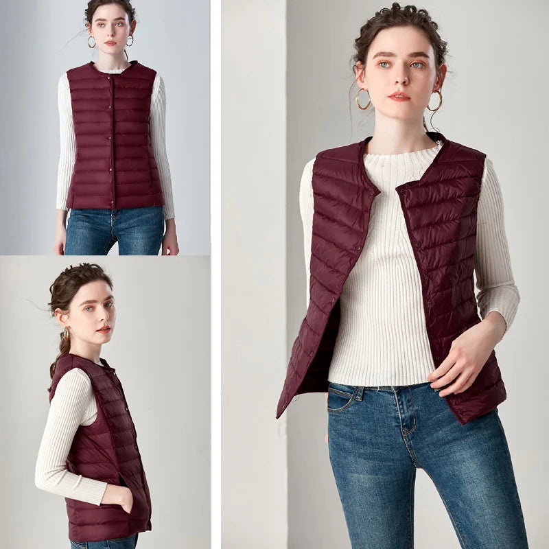 New Causal Women White Duck Down Vest Ultra Light Vest Jacket Winter Weightless Round Collar Sleeveless Coat