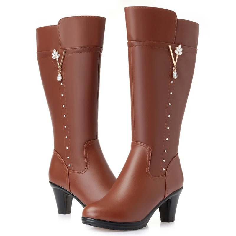 GKTINOO Winter Knee High Boots Warm Wool Fur Shoes Woman High Heels Soft Leather Non-slip Women's Winter Boots Footwear Botas