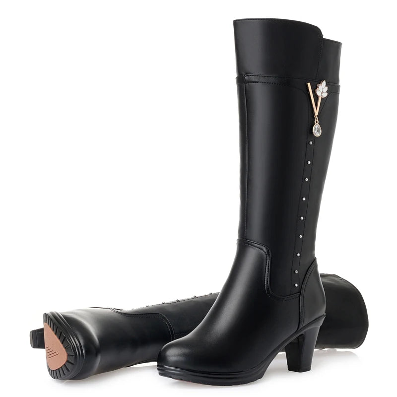 GKTINOO Winter Knee High Boots Warm Wool Fur Shoes Woman High Heels Soft Leather Non-slip Women's Winter Boots Footwear Botas