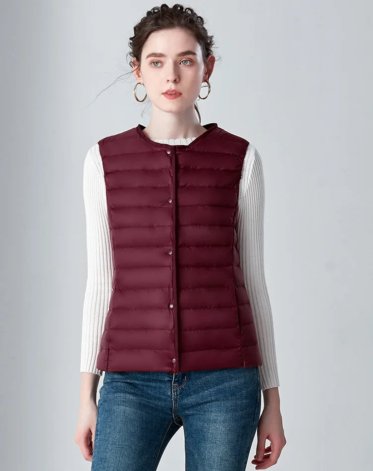 New Causal Women White Duck Down Vest Ultra Light Vest Jacket Winter Weightless Round Collar Sleeveless Coat