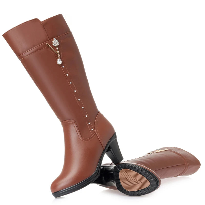 GKTINOO Winter Knee High Boots Warm Wool Fur Shoes Woman High Heels Soft Leather Non-slip Women's Winter Boots Footwear Botas