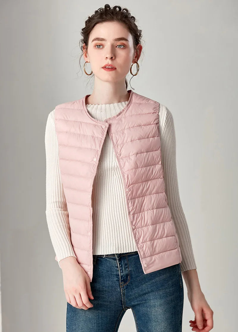 New Causal Women White Duck Down Vest Ultra Light Vest Jacket Winter Weightless Round Collar Sleeveless Coat