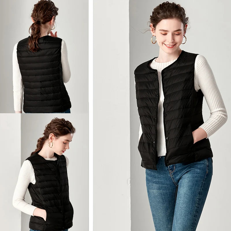 New Causal Women White Duck Down Vest Ultra Light Vest Jacket Winter Weightless Round Collar Sleeveless Coat