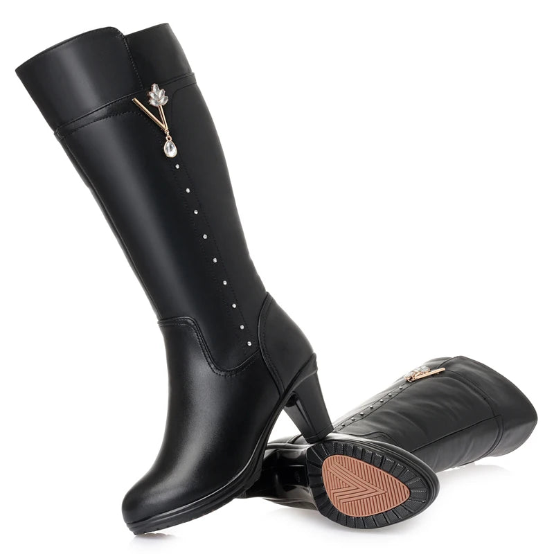 GKTINOO Winter Knee High Boots Warm Wool Fur Shoes Woman High Heels Soft Leather Non-slip Women's Winter Boots Footwear Botas