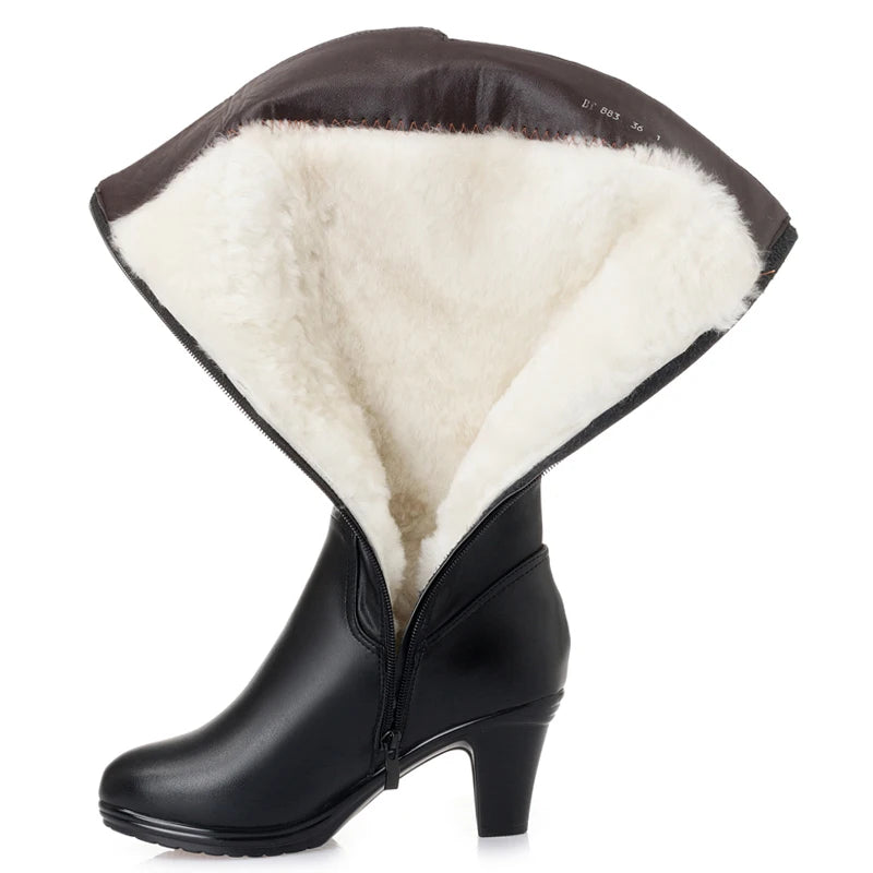 GKTINOO Winter Knee High Boots Warm Wool Fur Shoes Woman High Heels Soft Leather Non-slip Women's Winter Boots Footwear Botas