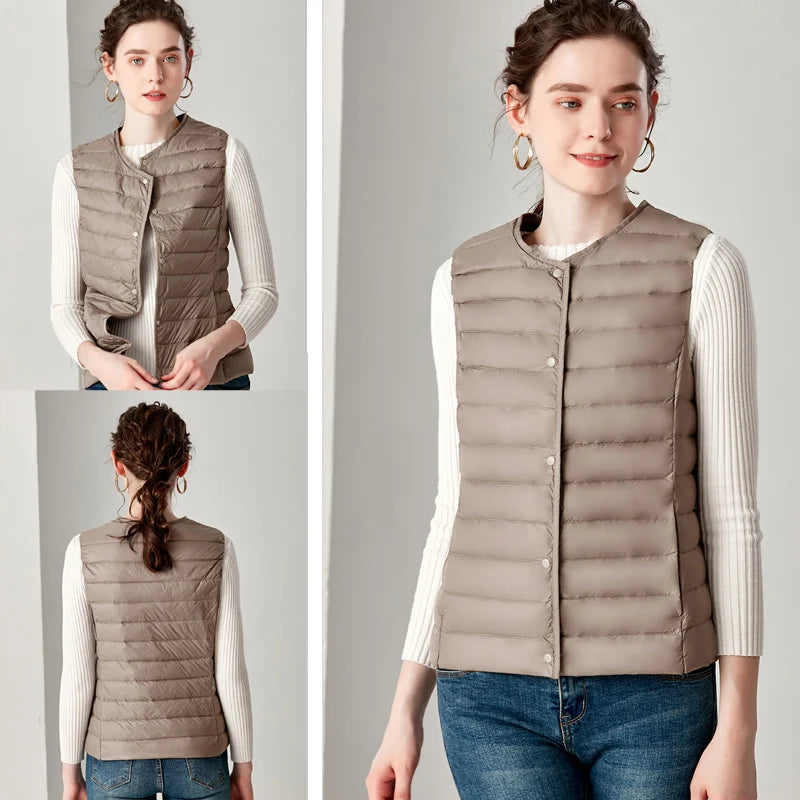 New Causal Women White Duck Down Vest Ultra Light Vest Jacket Winter Weightless Round Collar Sleeveless Coat