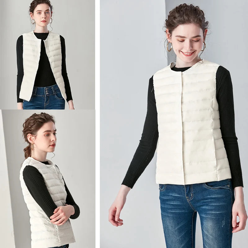 New Causal Women White Duck Down Vest Ultra Light Vest Jacket Winter Weightless Round Collar Sleeveless Coat