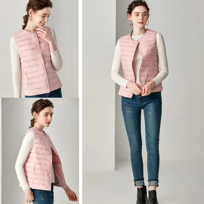 New Causal Women White Duck Down Vest Ultra Light Vest Jacket Winter Weightless Round Collar Sleeveless Coat