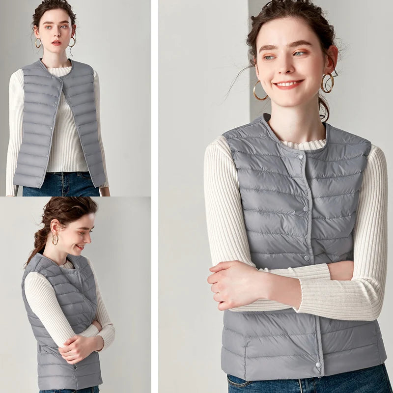 New Causal Women White Duck Down Vest Ultra Light Vest Jacket Winter Weightless Round Collar Sleeveless Coat