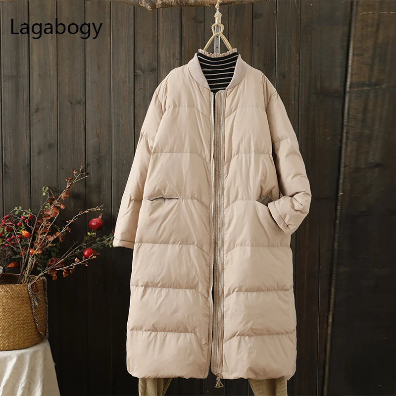 Lagabogy 2025 Thick Warm Long Down Parka WInter Women 90% White Duck Down Jacket Loose Windproof Zipper Coat Female Snow Outwear