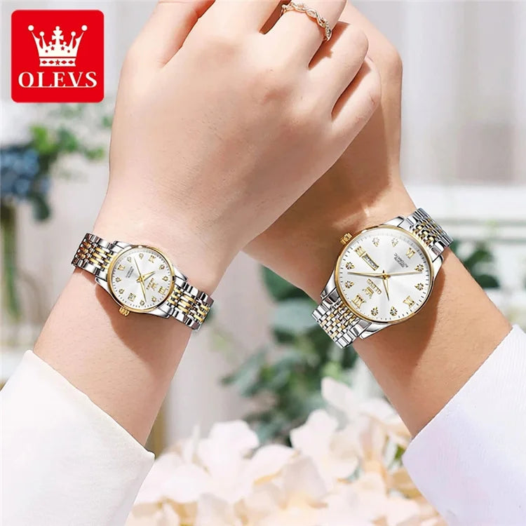 OLEVS 6673 Lovers Automatic Watch Pair Watches for Couples Bracelet Luminous Calendar Mechanical Wristwatch Women