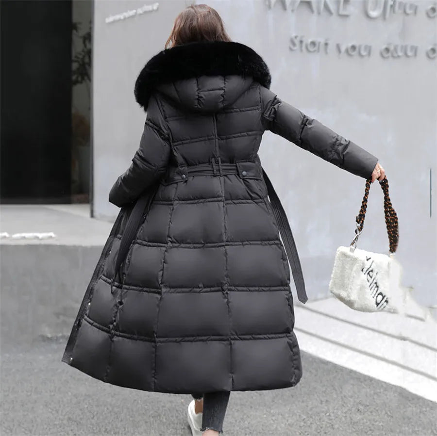 90% White Duck Down Thick Warmth Elegant Hooded Fur Collar Large Size Loose Female Coat 2025 New Women Winter Down Jacket OK1156