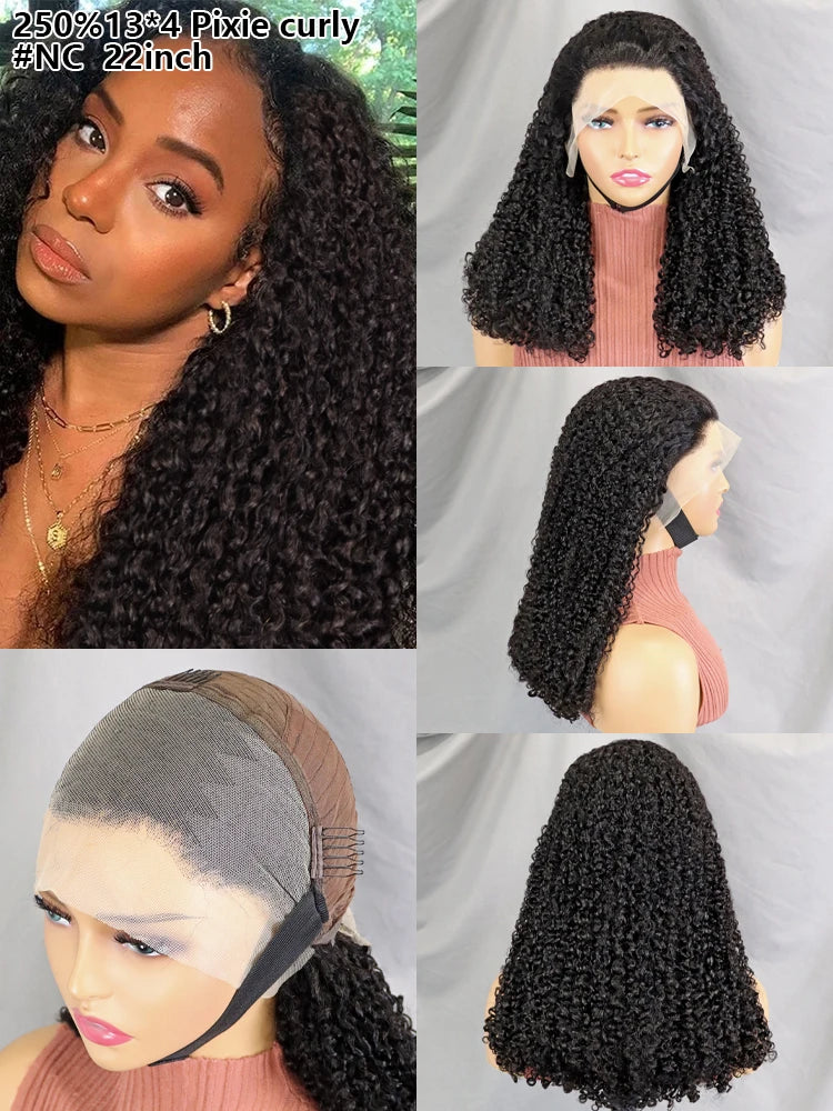 Accept Drop Ship Density 250% 13x4 Full Frontal Pixie Curly Wigs Super Double Drawn Curly Hair Transparent Lace Front Wig