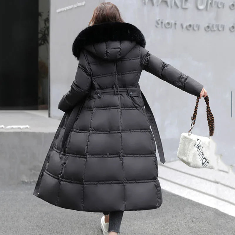 90% White Duck Down Thick Warmth Elegant Hooded Fur Collar Large Size Loose Female Coat 2025 New Women Winter Down Jacket OK1156