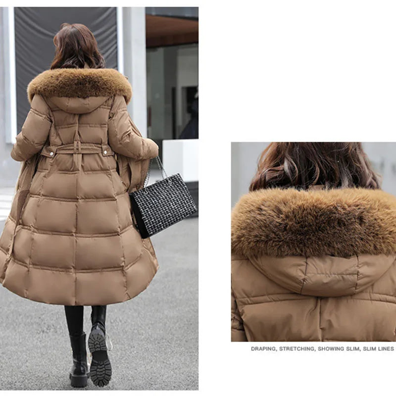 90% White Duck Down Thick Warmth Elegant Hooded Fur Collar Large Size Loose Female Coat 2025 New Women Winter Down Jacket OK1156