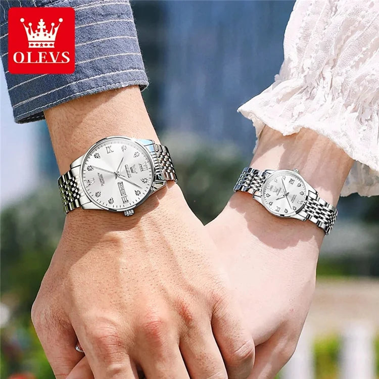 OLEVS 6673 Lovers Automatic Watch Pair Watches for Couples Bracelet Luminous Calendar Mechanical Wristwatch Women