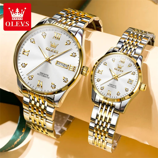 OLEVS 6673 Lovers Automatic Watch Pair Watches for Couples Bracelet Luminous Calendar Mechanical Wristwatch Women