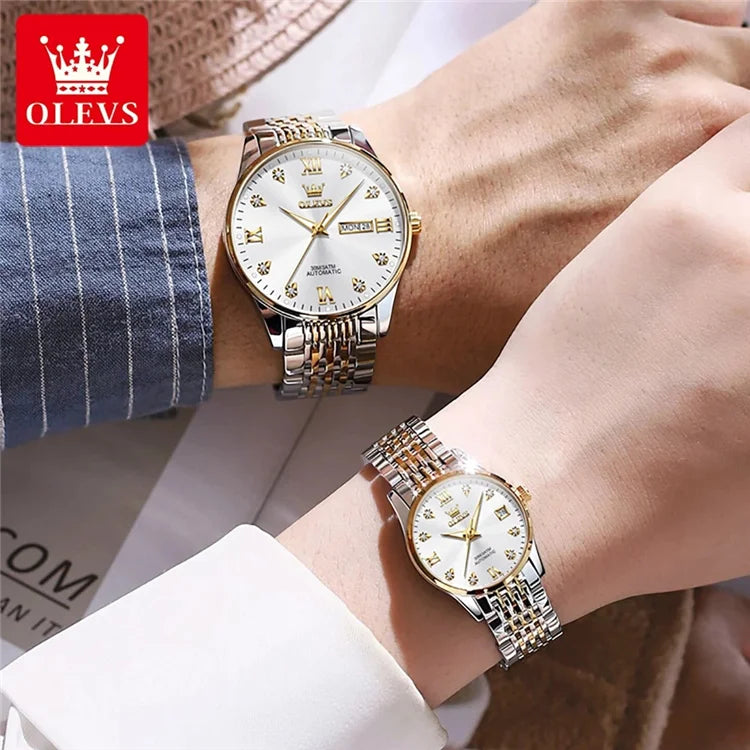 OLEVS 6673 Lovers Automatic Watch Pair Watches for Couples Bracelet Luminous Calendar Mechanical Wristwatch Women